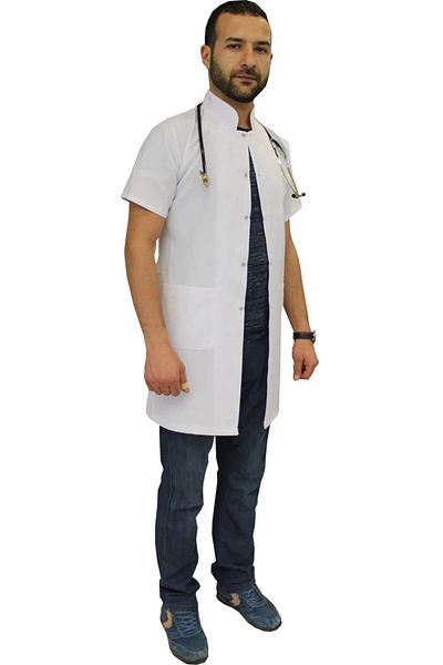 ikrastore Men's Doctor Gown - Judge Collar, Short Sleeve, for Laboratory and Pharmacist