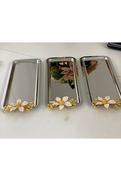 Elzemm store STAINLESS STEEL RECTANGULAR MODEL 3 PIECES PROMOTION TABLE WITH LARGE FLOWER ACCESSORY
