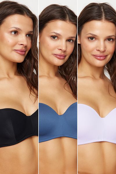 Trendyol Collection Lila-Schwarz-Dunkelblau 3er-Pack gepolsterter, trägerloser Strick-BH ohne Polyamidfüllung THMSS24SU00054