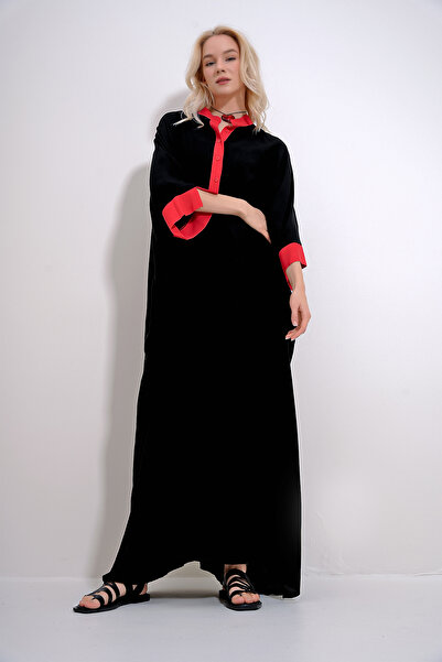 Trend Alaçatı Stili Dámské černé šaty se zvětšovacím límečkem, vyšívaným netopýřím rukávem, Maxiboy, tkané šaty ALC-X12006