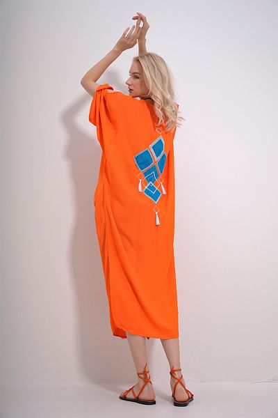 Trend Alaçatı Stili Women's Orange V-Neck Back And Pockets Embroidered Buttoned Front Woven Viscose Dress ALC-X12009