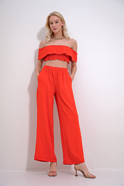 Trend Alaçatı Stili Women's Coral Madonna Collar Gipeli Crop Blouse And Palazzo Pants Woven Bottom Top Suit ALC-X11856