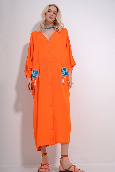 Trend Alaçatı Stili Women's Orange V-Neck Back And Pockets Embroidered Buttoned Front Woven Viscose Dress ALC-X12009