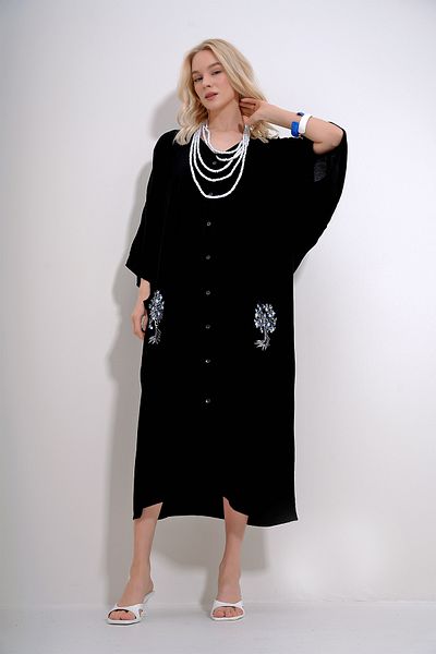 Trend Alaçatı Stili Women's Black Back and Pockets Wishing Tree Printed Buttoned Front Woven Viscose Dress ALC-X12011