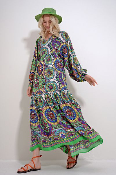 Trend Alaçatı Stili Women's Green V-Neck Skirt Flounced Balloon Sleeve Patterned Woven Dress ALC-X12016