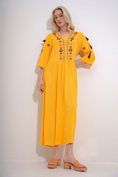 Trend Alaçatı Stili Women's Yellow V-Neck Embroidered Tassel Detailed Woven Dress ALC-X12018