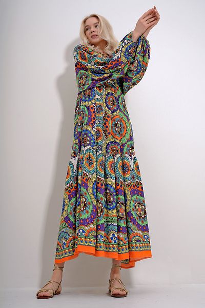 Trend Alaçatı Stili Women's Orange V-Neck Skirt Flounced Balloon Sleeve Patterned Woven Dress ALC-X12016