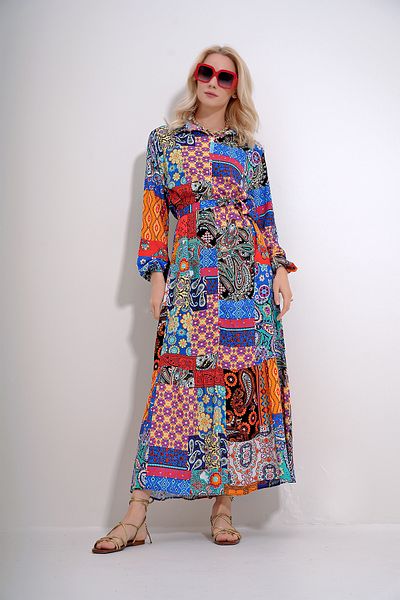 Trend Alaçatı Stili Women's Orange Stand Collar Waist Belted Skirt Flounced Patterned Woven Viscose Dress ALC-X12033