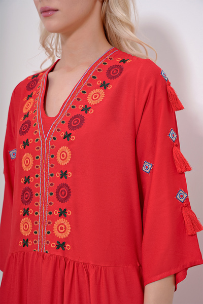 Trend Alaçatı Stili Women's Red V-Neck Embroidered Tassel Detailed Woven Dress ALC-X12018