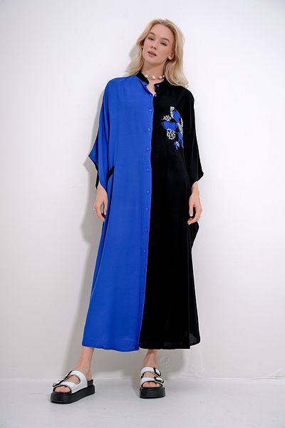 Trend Alaçatı Stili Women's Saks Black High Collar Color Block Embroidered Double Pocket Woven Viscose Dress ALC-X12017