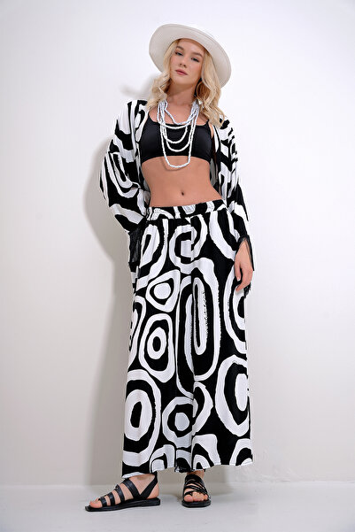 Trend Alaçatı Stili Women's White Wide Leg Pocket Trousers Tassel Detailed Kimono Jacket Set ALC-X12014-K