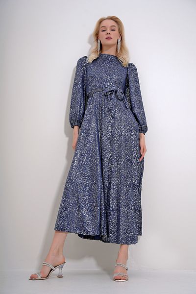 Trend Alaçatı Stili Women's Navy Blue Crew Neck Princess Sleeve Foil Pattern Back Zipper Maxi Length Dress ALC-X12030