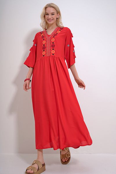 Trend Alaçatı Stili Women's Red V-Neck Embroidered Tassel Detailed Woven Dress ALC-X12018