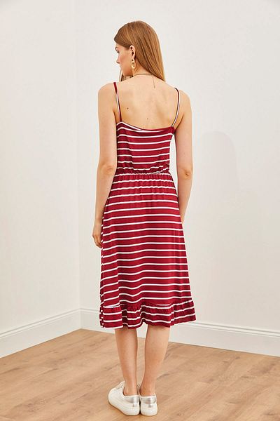 Olalook Burgunderrotes gestreiftes Viskose-Strickkleid mit dünnen Trägern und elastischer Taille für Damen ELB-19002155