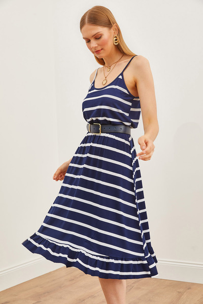 Olalook Жіноча темно-синя сукня з віскози Orme в смужку на тонких бретелях з еластичною талією ELB19002155