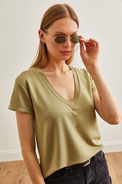 Olalook Γυναικείο μπλουζάκι χακί βαθύ V λαιμό με κουμπιά TSH-19000773