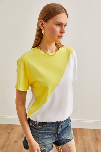 Olalook Women's Yellow White Asymmetric Blocked T-Shirt TSH-19000350