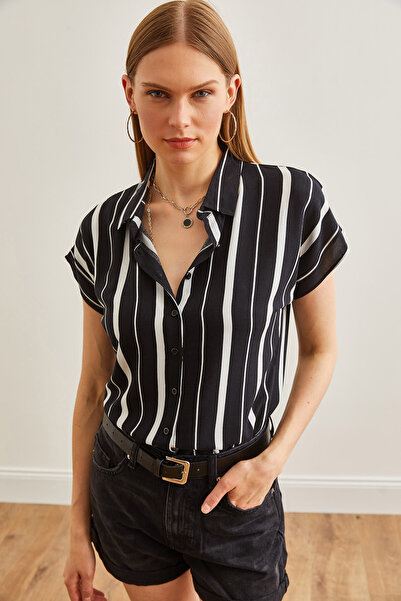 Olalook Cămașă din viscoză neagră cu dungi groase pentru femei GML-19000617