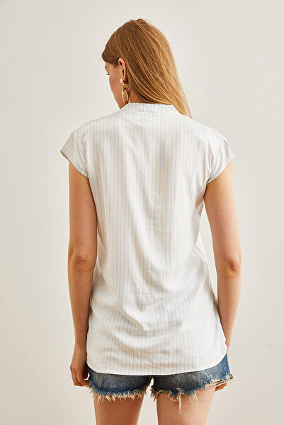 Olalook Women's White Baby Blue V-Neck Striped Viscose Shirt GML-19000188