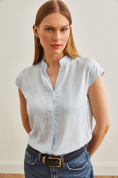 Olalook Women's Baby Blue White V-Neck Striped Viscose Shirt GML-19000188