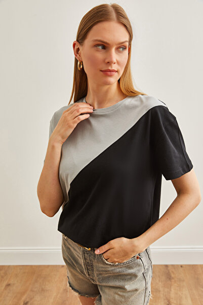 Olalook Γυναικείο Smoked Black Asymmetric Blocked T-shirt TSH-19000350