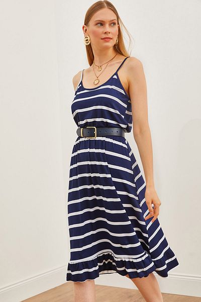 Olalook Marineblaues gestreiftes Viskose-Strickkleid mit dünnen Trägern und elastischer Taille für Damen ELB-19002155