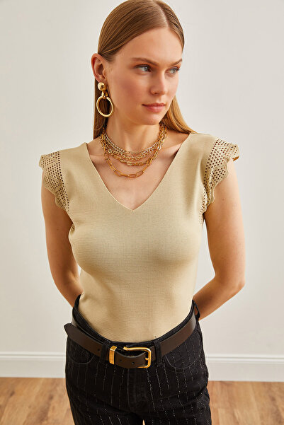 Olalook Damen Strickbluse mit V-Ausschnitt und durchbrochenem Muster in Stein BLZ-19002631