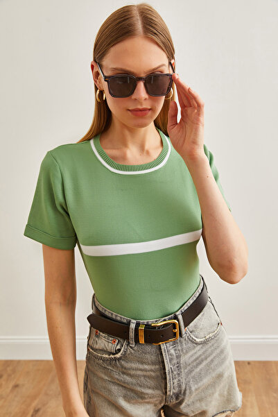 Olalook Γυναικεία πράσινη ριγέ πλεκτή μπλούζα με λαιμόκοψη BLZ-19002209