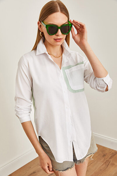 Olalook Kadın Yeşil Beyaz Sırtı Cut Out Detaylı Sambre Oversize Gömlek GML-19001052