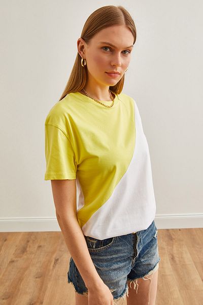 Olalook Women's Yellow White Asymmetric Blocked T-Shirt TSH-19000350