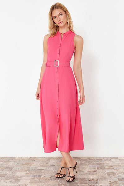 Trendyol Collection Rochie cămașă țesută Midi cu brâu roz TWOSS23EL01628