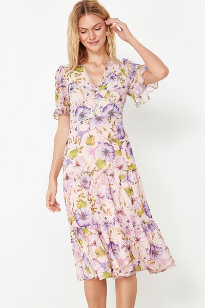 Trendyol Collection Ροζ φλοράλ στάμπα A-cut Flounced Midi Lined Chiffon Woven φόρεμα TWOSS23EL00995