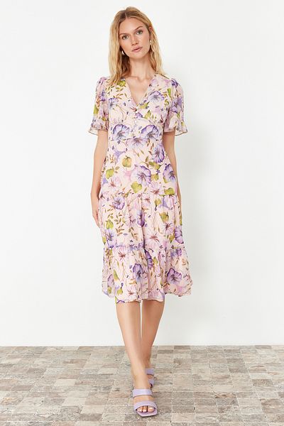 Trendyol Collection Ροζ φλοράλ στάμπα A-cut Flounced Midi Lined Chiffon Woven φόρεμα TWOSS23EL00995