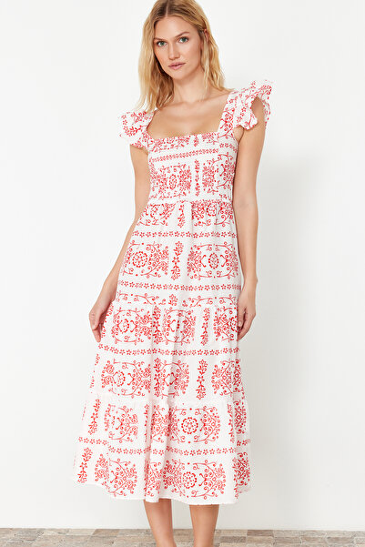 Trendyol Collection Red Ethnic Patterned Skirt Waist Opening Square Collar Woven Dress TWOSS23EL01910