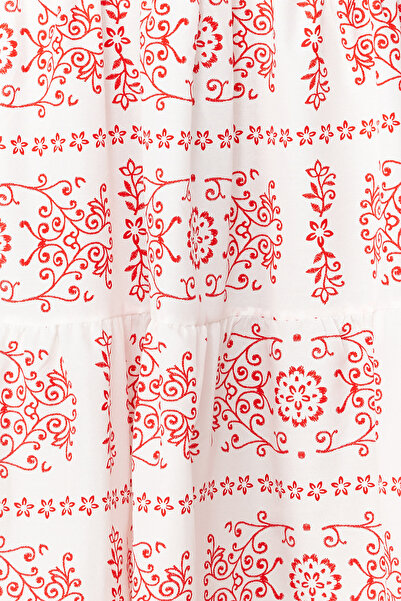 Trendyol Collection Red Ethnic Patterned Skirt Waist Opening Square Collar Woven Dress TWOSS23EL01910