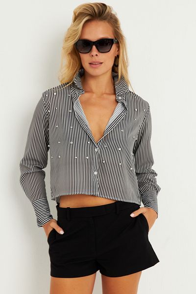 Cool & Sexy Cămașă scurtă cu dungi cu pietre negre pentru femei ZER407