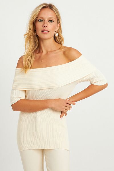 Cool & Sexy Women's Ecru Madonna Collar Knitwear Blouse KZ538