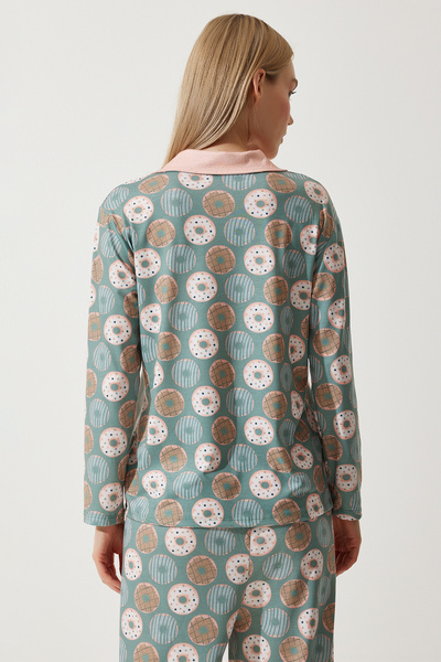 Happiness İstanbul Women's Green Patterned Shirt-Pants Knitted Pajama Set TK00092