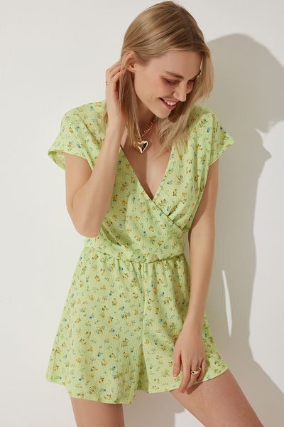 Happiness İstanbul Hellgrüner Mini-Strick-Jumpsuit mit Blumenmuster für Damen UB00282