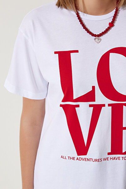 Happiness İstanbul Női fehér nyomott oversize pamut póló NJ00150