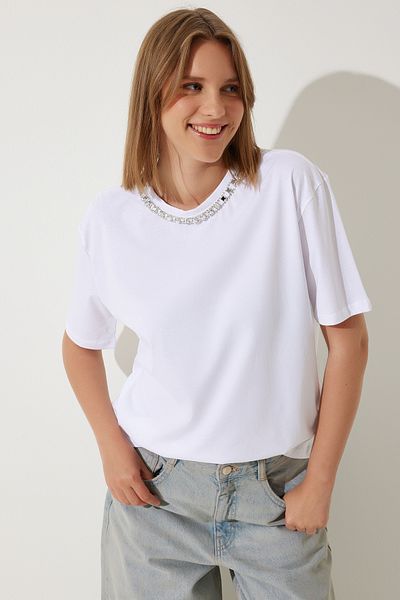 Happiness İstanbul Colier cu lanț cu guler alb pentru damă, tricou tricotat 100% bumbac UB00277