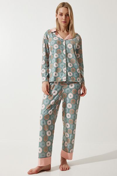 Happiness İstanbul Women's Green Patterned Shirt-Pants Knitted Pajama Set TK00092