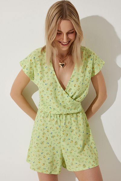 Happiness İstanbul Hellgrüner Mini-Strick-Jumpsuit mit Blumenmuster für Damen UB00282