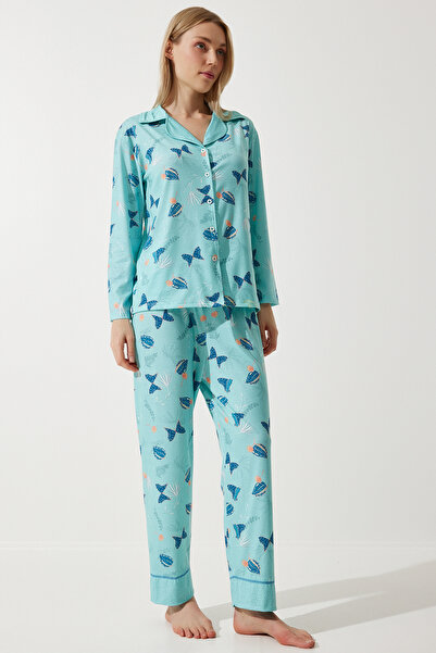 Happiness İstanbul Women's Aqua Green Patterned Shirt-Pants Knitted Pajama Set TK00092