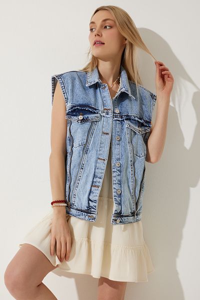 Happiness İstanbul Dámská středně modrá džínová vesta na zip s detailním prémiovým designem VC00006
