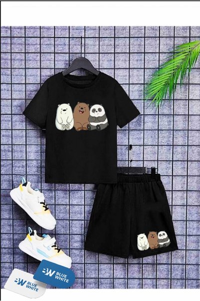 SİNSER TEKS Boys/Girls' 3-Piece PANDA Printed T-Shirt-Shorts Set