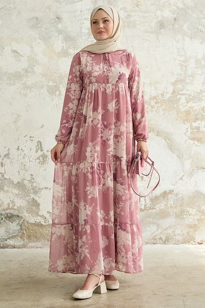 InStyle Φόρεμα σιφόν με μοτίβο με φύλλα μπροστά με φούντες