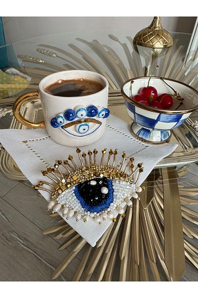 Hatice sakallı design 1 bucată șervețel de prezentare pentru cafea, cu design special, brodat manual, cu mărgele de ochi rău, placat cu aur