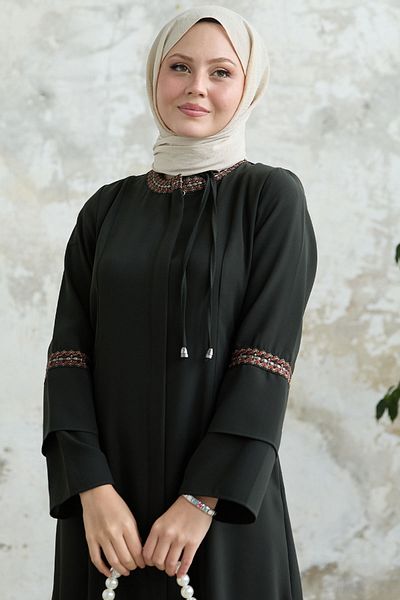 InStyle Lace Detail Embroidered Khaki Ferace