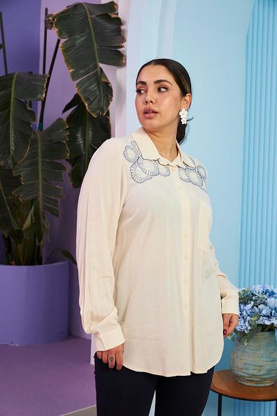 RMG Plus Size Cream Shirt - Shoulder Embroidery, Long Sleeve